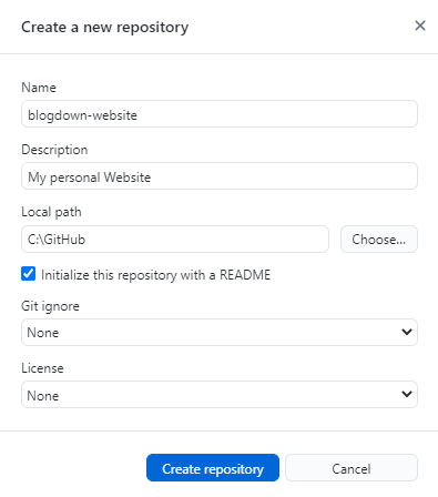 GitHub Desktop dialog box for Creating a new respository